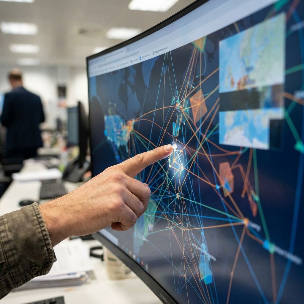 En hånd peger på ét udvalgt element i et abstrakt dashboard, som illustrerer selektiv hukommelse i et AI-system.
