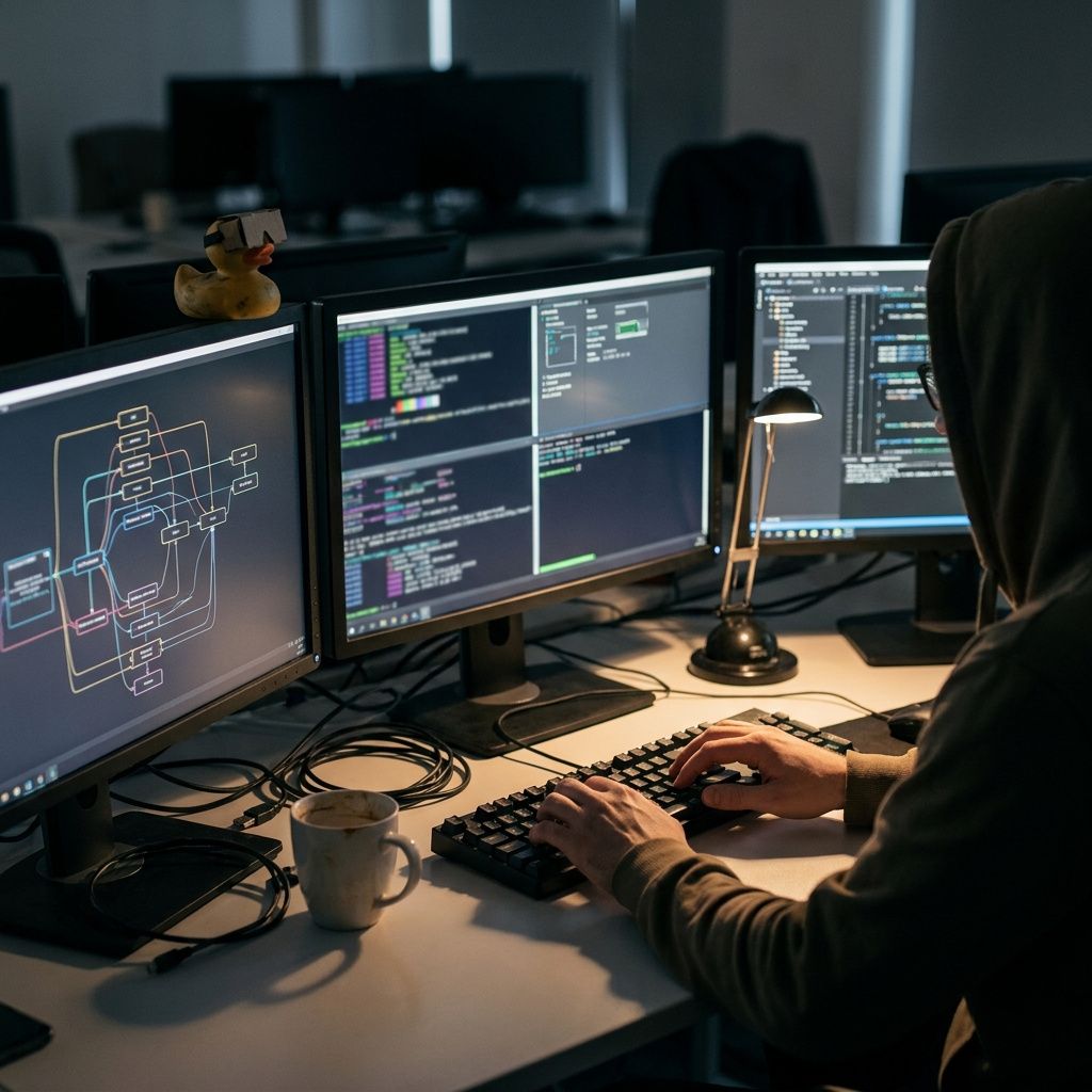 Udvikler tester en AI-agent på en workstation med flere skærme i et realistisk kontormiljø.