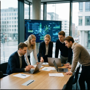 Medarbejdere i et moderne kontor diskuterer AI-agenter som en del af arbejdet.