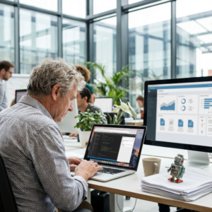 Vidensmedarbejder arbejder mellem flere digitale værktøjer på en moderne kontorplads, som illustrerer OpenAIs vision om en samlet AI-arbejdsflade.