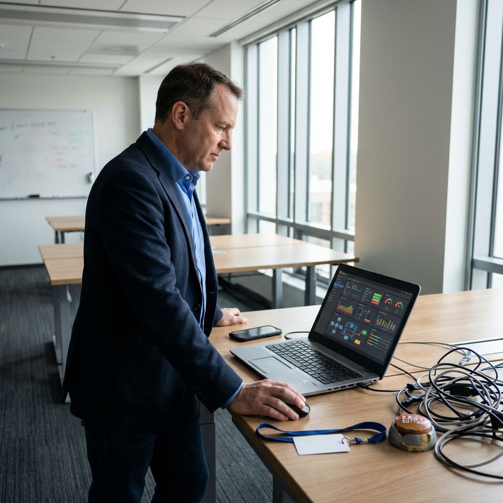 IT-ansvarlig vurderer et digitalt workflow, som illustrerer behovet for kontrol, adgangsrettigheder og governance i mere agentiske AI-løsninger.
