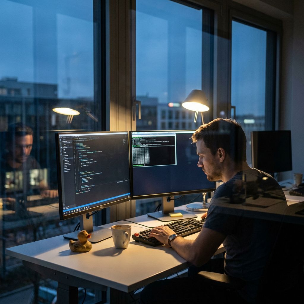 Softwareudvikler arbejder ved skrivebord med kode og terminal på skærmen