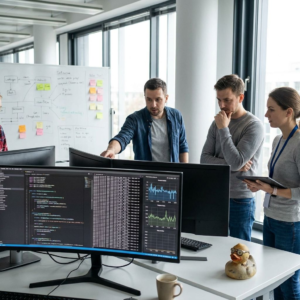 Udviklere gennemgår fejl og performance-data for et AI-kodeværktøj i et moderne kontormiljø.