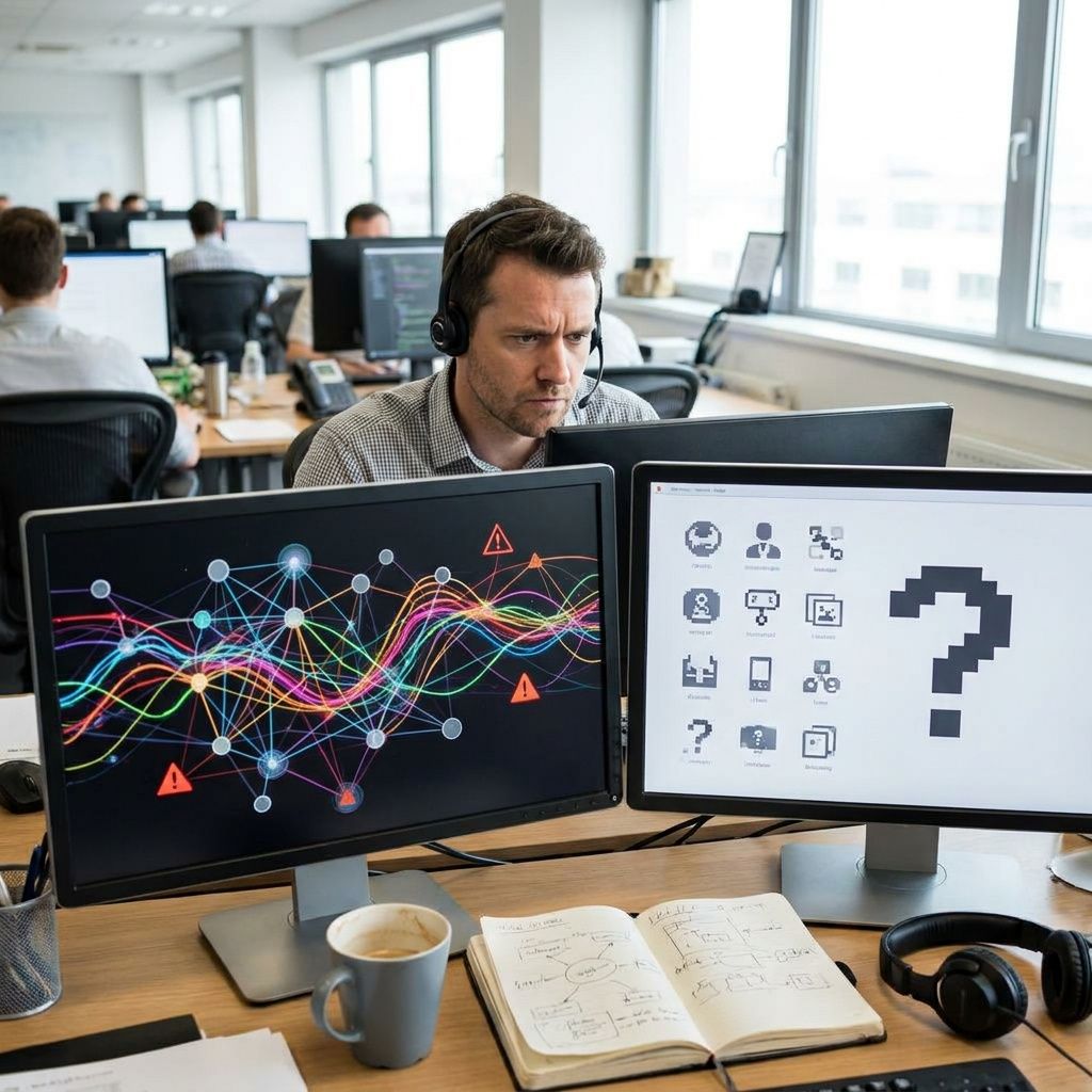 It-medarbejder arbejder med at få overblik over ukendte AI-værktøjer i et kontormiljø.