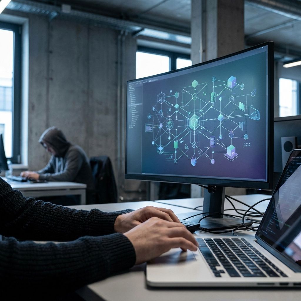 Nærbillede af laptop og skærm med visuelt kort over softwarekomponenter og AI-forsyningskæde.