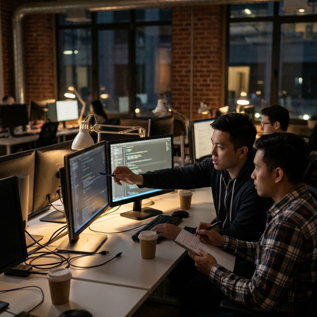 Udviklere arbejder sammen ved skærme, som illustrerer AI-kodning og produktudvikling.