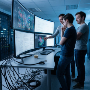 Ingeniører i et moderne AI-miljø arbejder med systemer til meget lange kontekstvinduer og modelanalyse