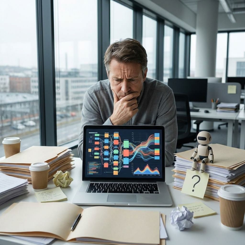 En kontormedarbejder bruger en intern AI-assistent ved sit skrivebord med et koncentreret blik.