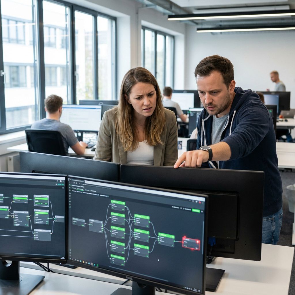 En ingeniør og en driftsansvarlig gennemgår et AI-workflow på flere skærme, mens alt ser normalt ud.