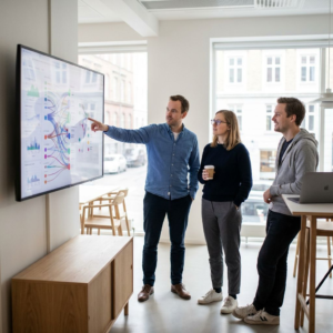 Analytikere og udvikler vurderer AI-agenters resultater på en stor skærm i et kontormiljø