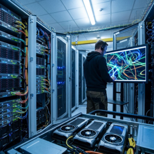 Ingeniør i datacenter foran GPU-servere i et realistisk miljø med fokus på AI-drift og delt GPU-kapacitet.