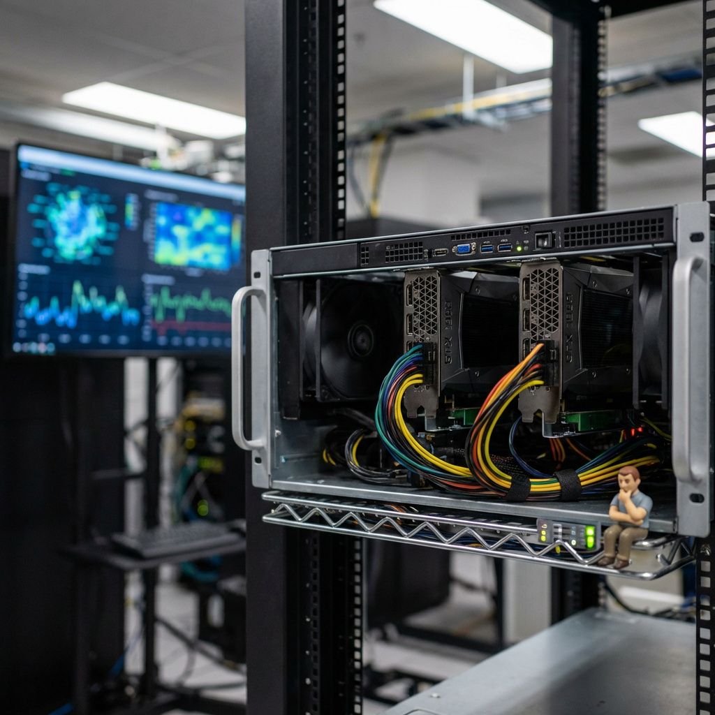 Nærbillede af GPU-server i drift med fokus på hardware og AI-inference.