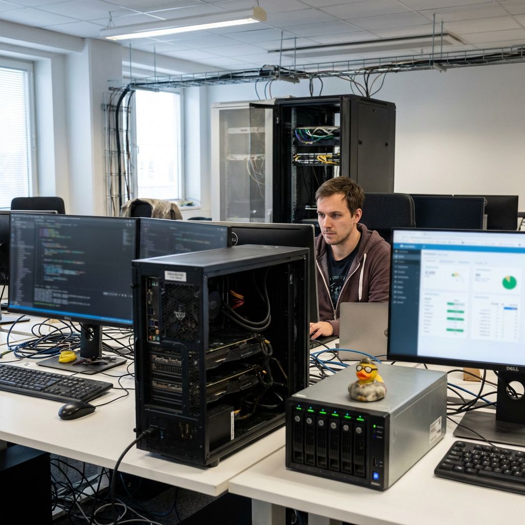 Udvikler arbejder med et teknisk LLM-setup i kontormiljø med fokus på implementering og drift.