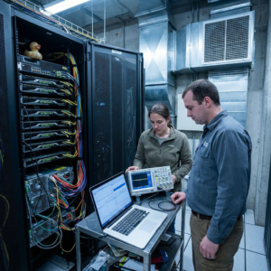 Forsker og ingeniør i et servermiljø, hvor AI-hardware og strømforbrug vurderes