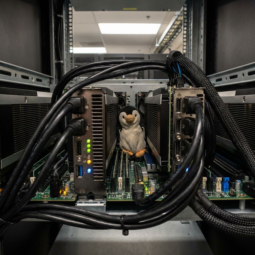 Nærbillede af serverrack med AI-hardware, kabler og strømfordeling