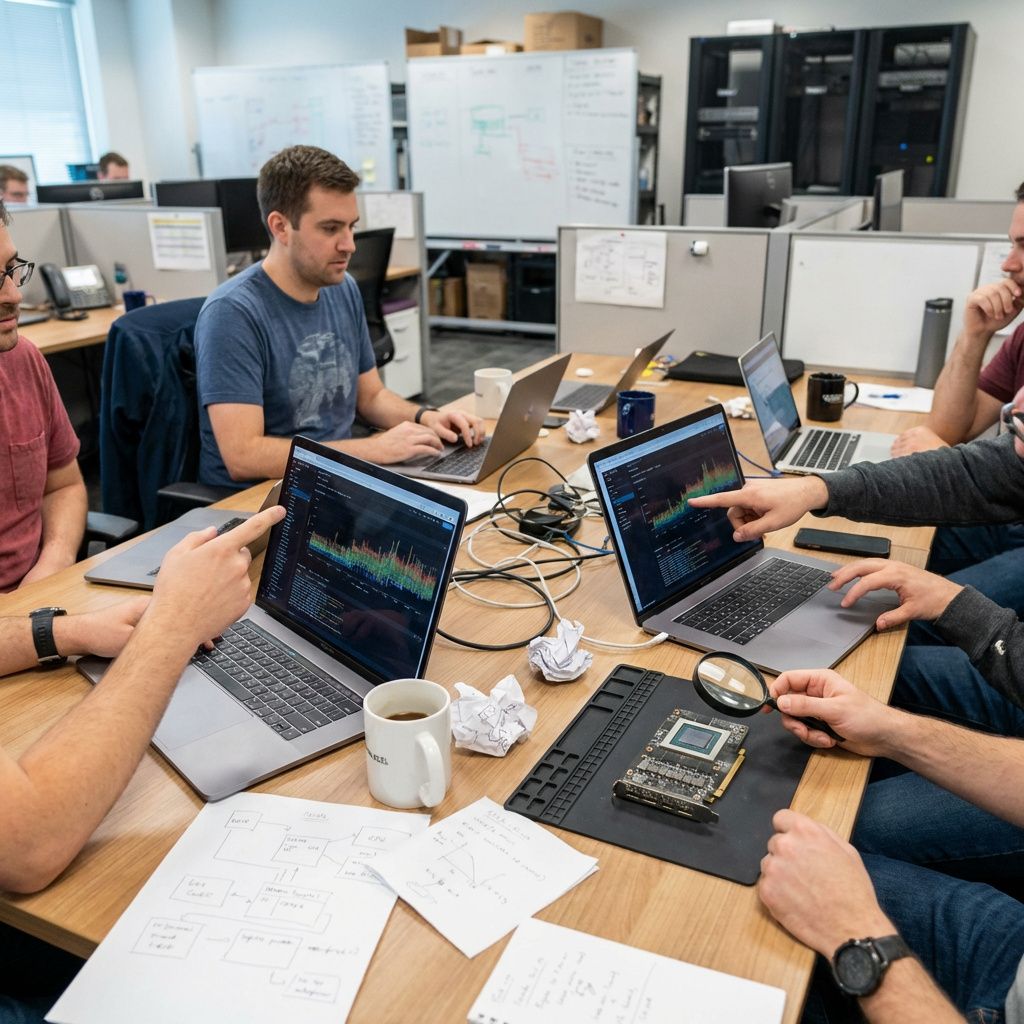 Teknisk team diskuterer valg af hardware og AI-drift omkring et mødebord