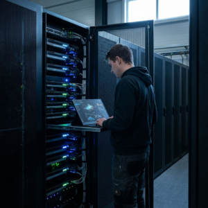Ingeniør i et serverrum ved lokal drift af en open source AI-model