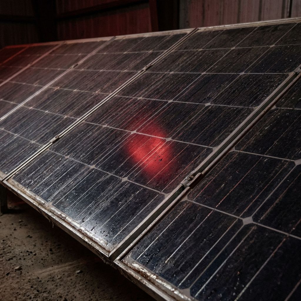 Nærbillede af solpaneler om natten med rødlig glød fra en energistråle ovenfra.