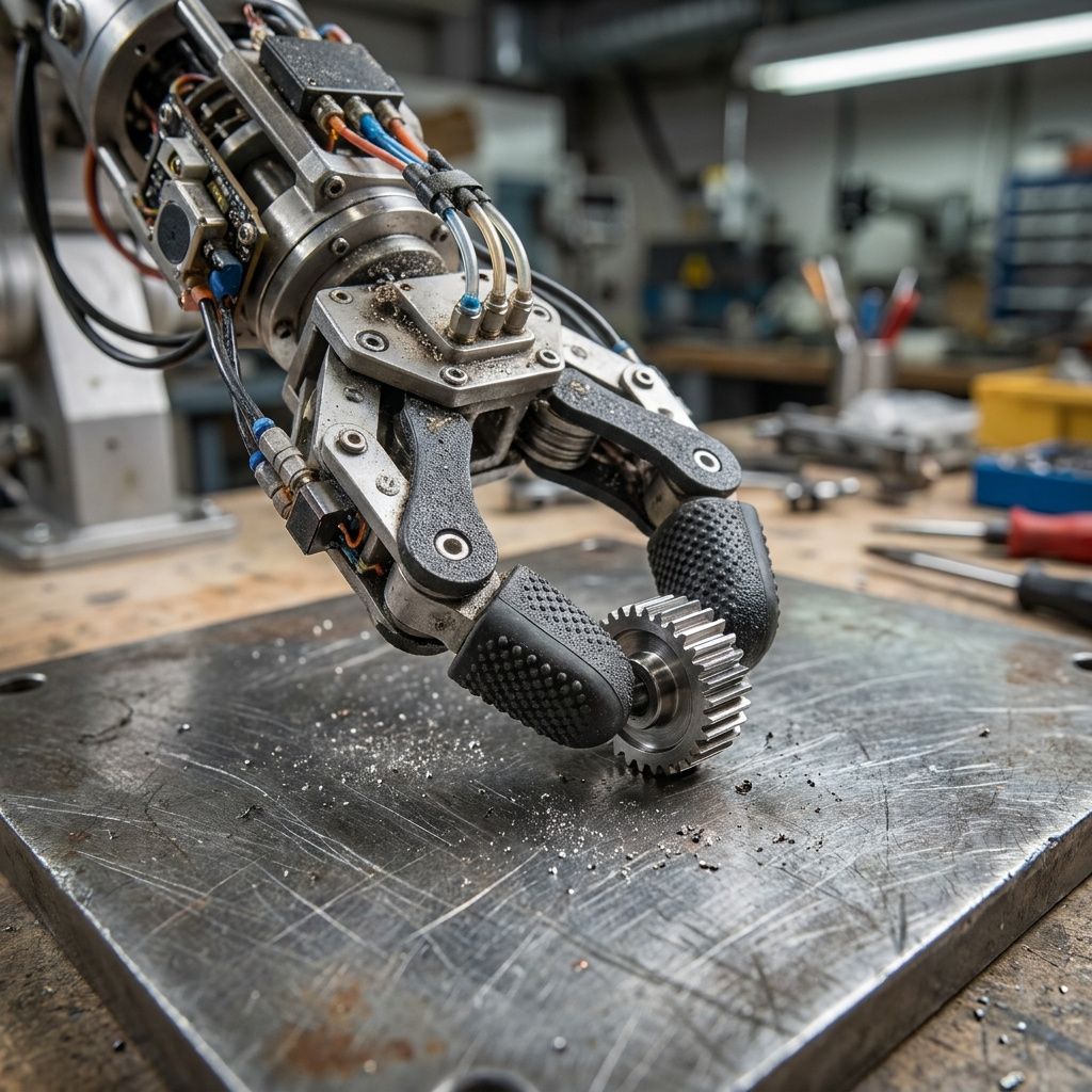 Tæt billede af en robotgriber med sensorer, der holder en lille metaldel over en testplade