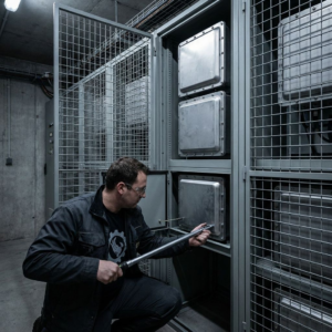 Systemspecialist monterer robuste, fysisk afskærmede compute-enheder i et serverrum for at illustrere sikrere deployment og administration af mange OpenClaw-agenter.
