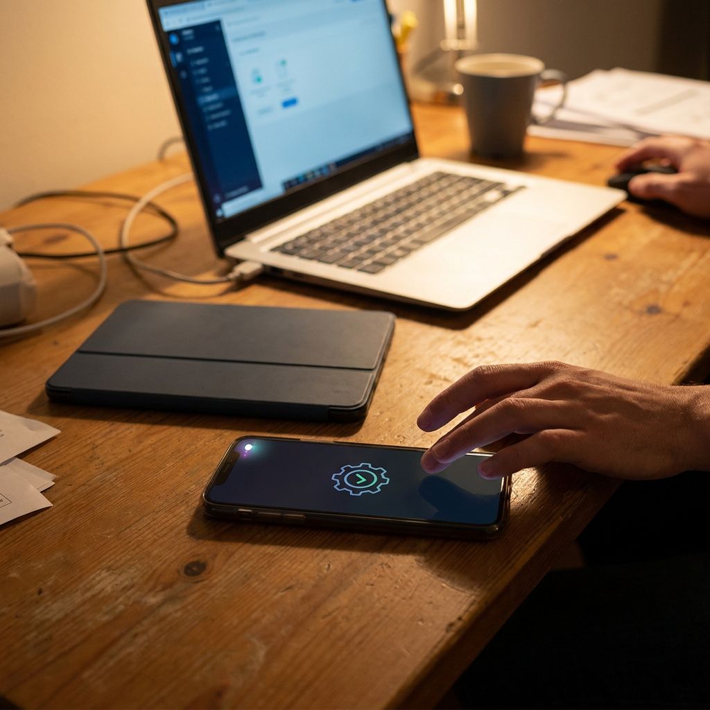 Et build er blevet klart til review, og brugeren fanges af en notifikation på mobilen før arbejdet fortsætter på en anden enhed.