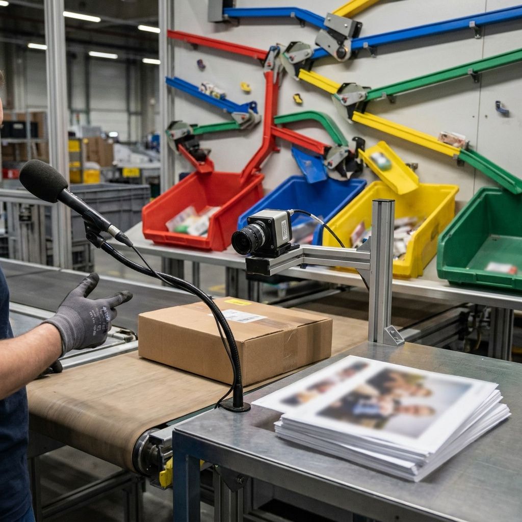En sorteringsstation bruger flere inputformer til at sende sager eller pakker videre i forskellige spor.