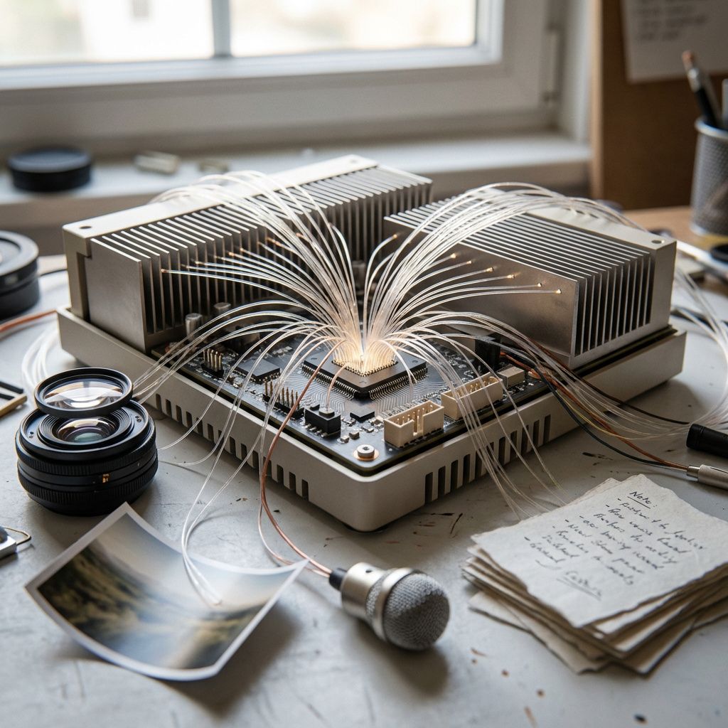 En compute-enhed modtager samtidigt input fra kamera, mikrofon, billede og papir som symbol på samlet multimodal arkitektur.