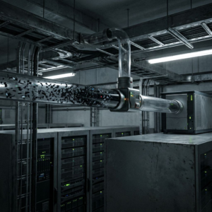 Et fysisk visualiseret dataflow i et teknikrum hvor en indbygget kontrolenhed stopper forurenede datapartikler før de når en separat AI-station længere nede i kæden.