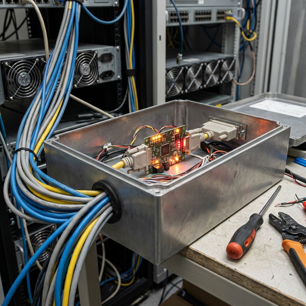 En tekniker indsætter et kompakt modul direkte i en central driver-enhed i et compute-rack med kabler og kølerør omkring.