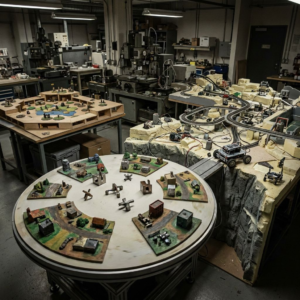 Et kamera-rig peger mod en miniatureverden, mens flere mulige landskaber og bevægelsesbaner folder sig ud omkring den, med en robotarm og et game-lignende miljø i baggrunden.