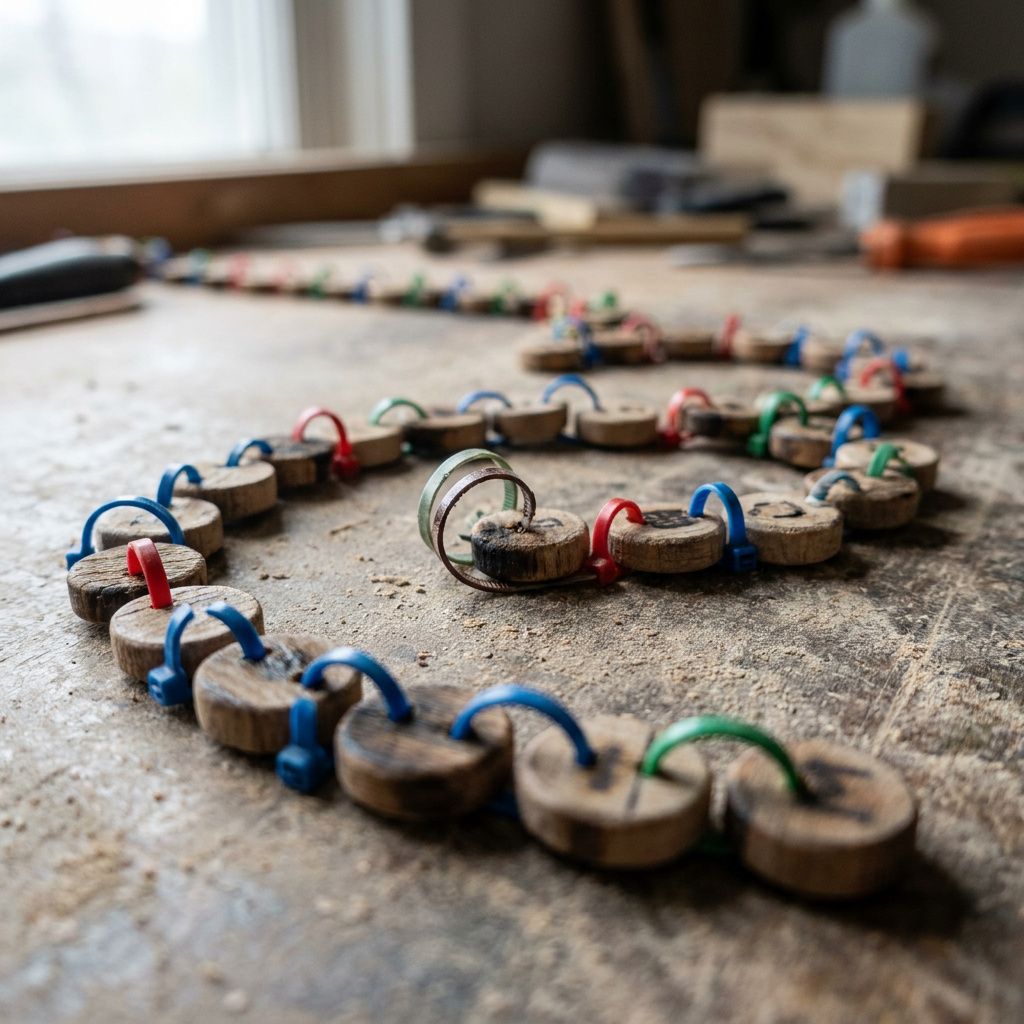 Makrofotografi af fysiske tokens og farvekoder, en håndgribelig analogi for namespace-templates og variabler uden tekst