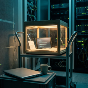 Sealed glass sandbox pod i serverrum med en slukket laptop og en kold kaffekop i forgrunden — symboliserer, at en kodende session fortsætter i skyen uden babysitning.
