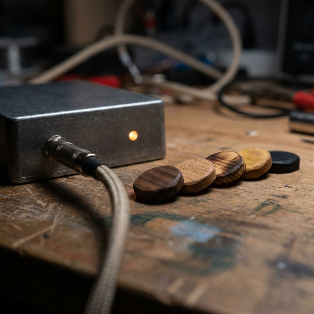 Nærbillede af en braidet headset-kabel i en prototypeboks og fem små træ-tokens, som symboliserer deltransskriptioner og orakler; fokus på materiale og forbindelse.