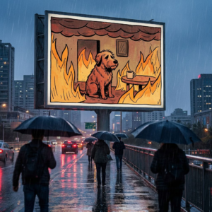 Stor billboard på en regnvåd byovergang med en tegneserieagtig hund i et brændende rum (ikke et direkte kopi), forbipasserende med paraplyer, mørk og dramatisk stemning.