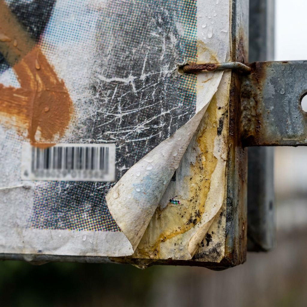 Nærbillede af hjørnet af en udendørs plakat med løst klæb og regndråber, tekstur og monteringsdetaljer synlige, uden læsbar tekst.
