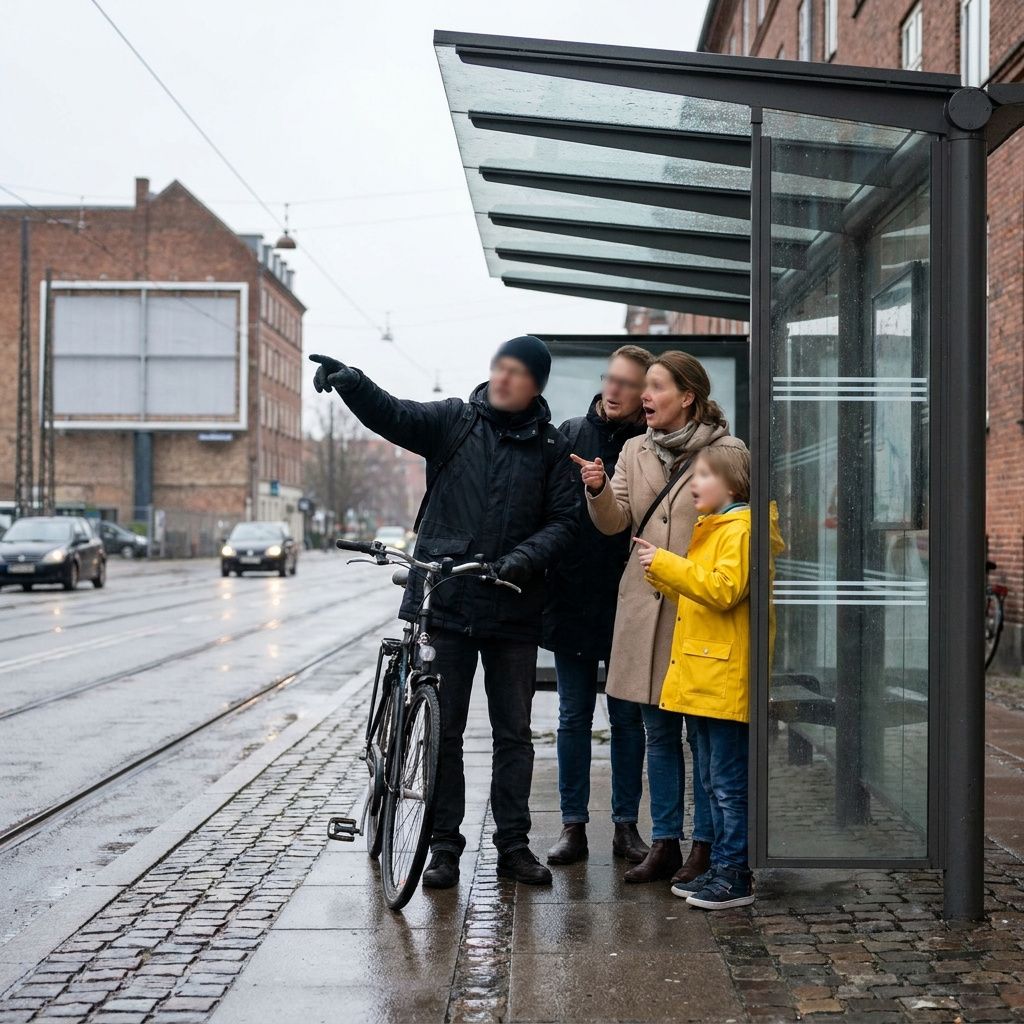 Forbipasserende under et sporvognsstoppested peger mod en annonce i det fjerne; kropssprog viser opsigt, ansigter sløret, dansk bymiljø.
