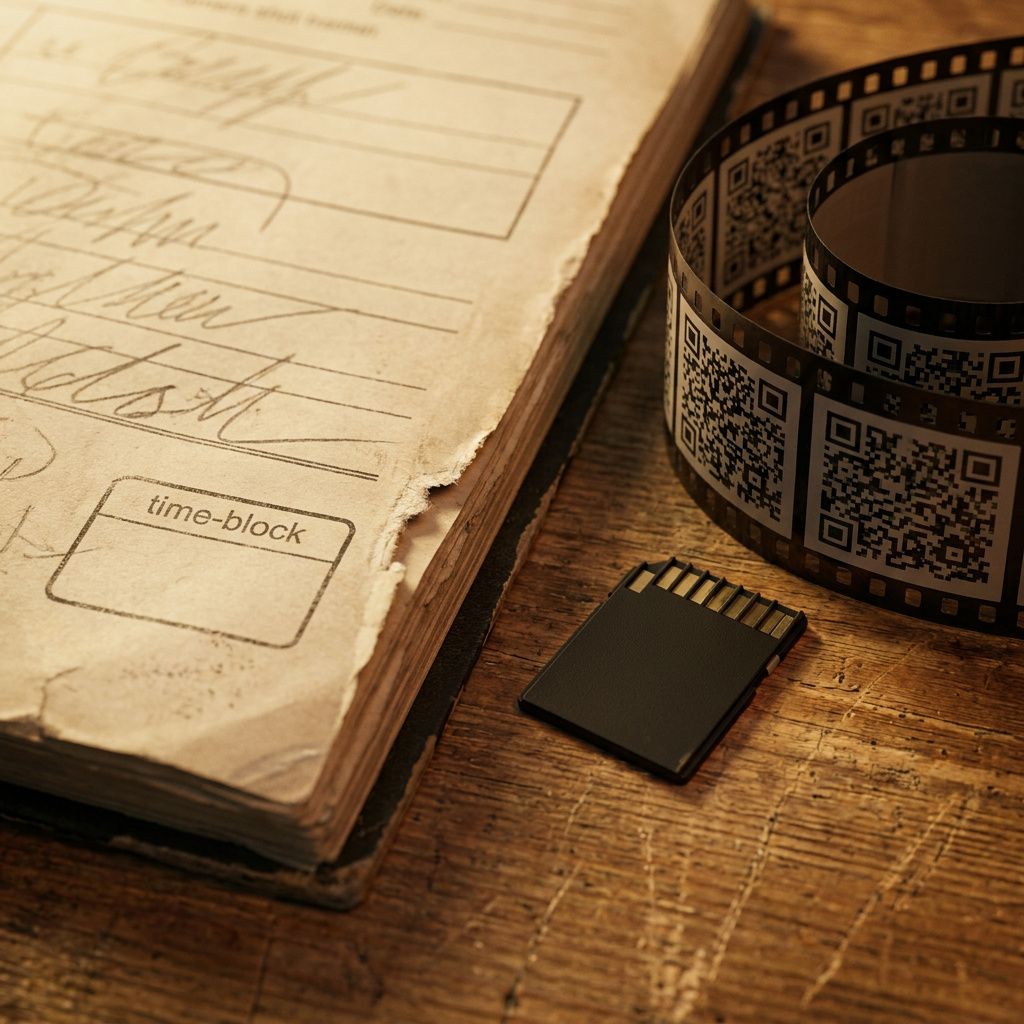 Nærbillede af en kameralogbog, SD‑kort og en række render‑frames på et produktionsbord — dokumentation og provenance i fokus.