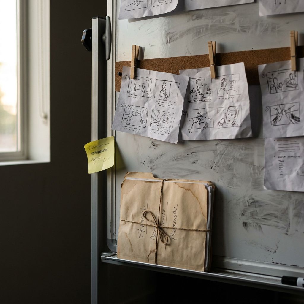 Detalje fra en produktionsmøde: storyboardskitser, en kaffeplettet kontraktmappe og revet sticky‑note; signalerer kontraktmæssig og praktisk rod i AI‑sporbarhed.