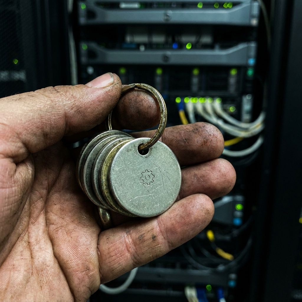Makrobillede af en teknikers hånd, der indsætter en fysisk nøgletoken i en HSM-slot—et konkret billede på nøglehåndtering og KMS‑integration.
