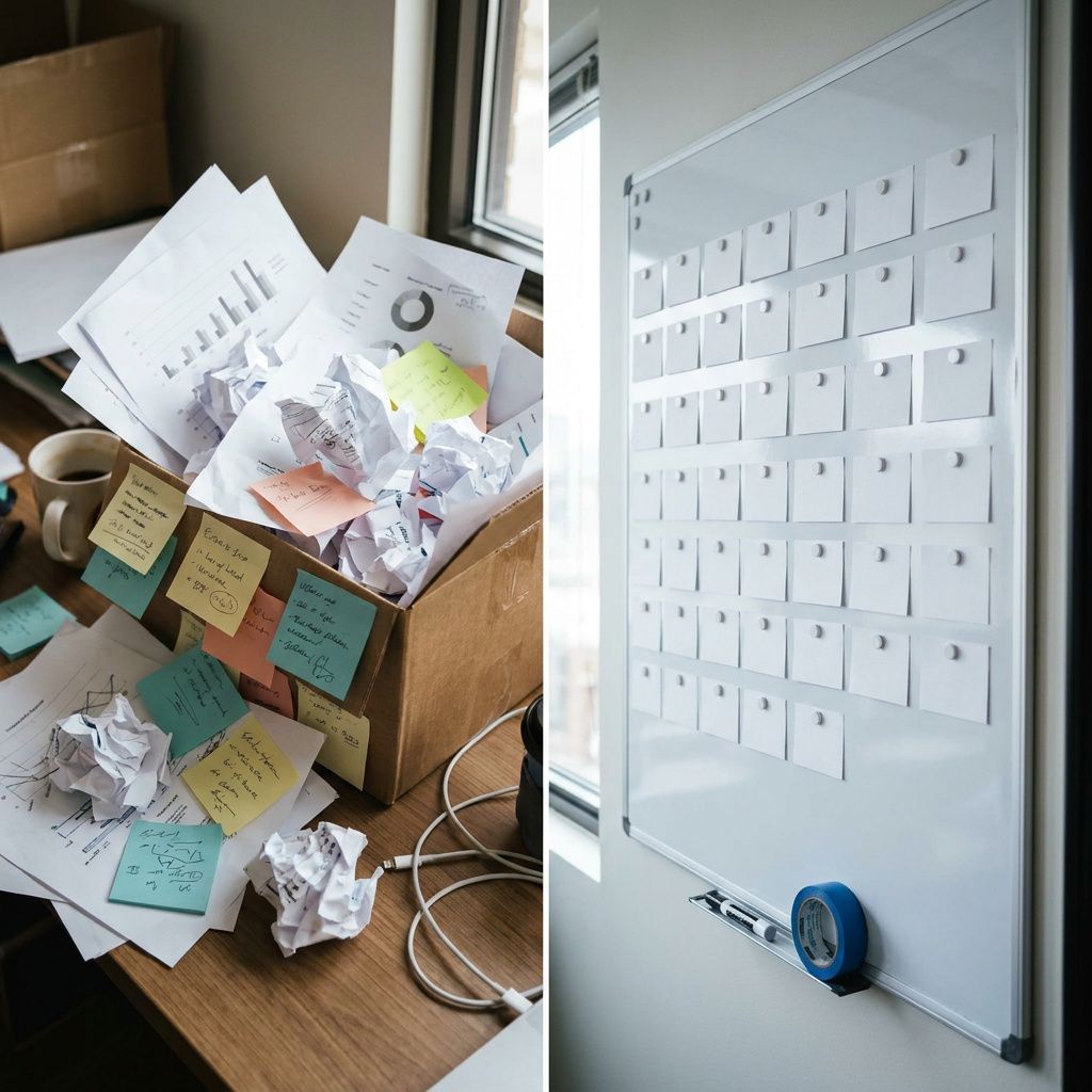 To-zonerscene: kaotisk proceshjørne med Post‑its til venstre, til højre et organiseret agentkatalog med kort—symboliserer overgangen fra pilot‑rod til katalogført agentstyring.
