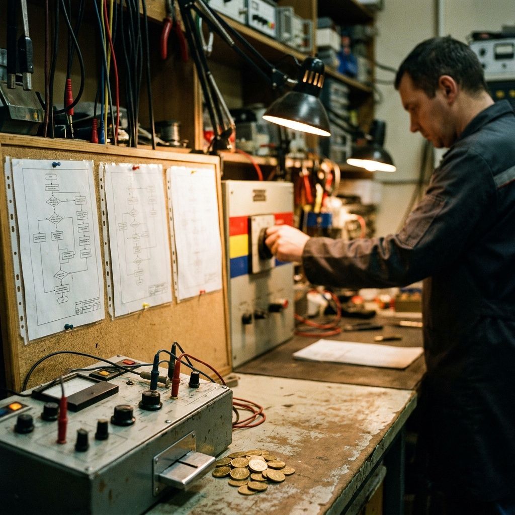 Sceneskud af et staging‑laboratorium hvor en tekniker øver en agent‑udrulning; flowskemaer og tokens viser processer i aktion uden skærme.