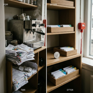Før-efter scene fra økonomiafdelingen: venstre side kaotiske papirbunker, højre side et ryddet kontrolflow med farvemærker og nødstopssnor.