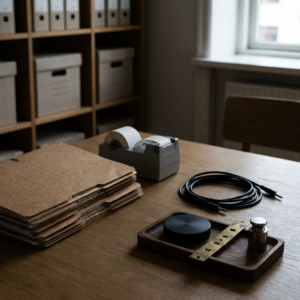 Dæmpet scene i et dansk arkivrum: filmapper, en labelprinter med blank label, et patchkabel og tre taktile objekter der symboliserer dense embeddings, sparse‑søgningsstrips og reranking — et visuelt budskab om et retrieval‑rebuild uden skærme eller læsbar tekst.