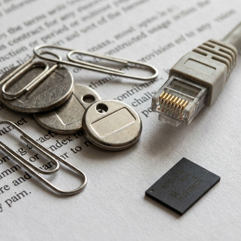 Makrofoto af indeks‑tokens, dobbelte papirklips og et blankt hardware‑token ved siden af et patchkabel og en lille sort chip — materialedetaljer fra et retrieval‑cleanup.