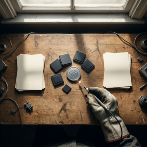 Hænder peger på to stakke med indexkort og model‑token disks på et træbord — et visuelt rekonstruktionsøjeblik mellem models' hukommelsesspor og appens RAG-logs