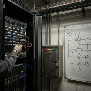 En tekniker tilslutter en fiber i en GPU‑klynge ved siden af en låst write‑gate‑broker; et ikonbaseret flowdiagram viser request/response‑stier og retrieval‑forbindelser (ingen læsbar tekst).