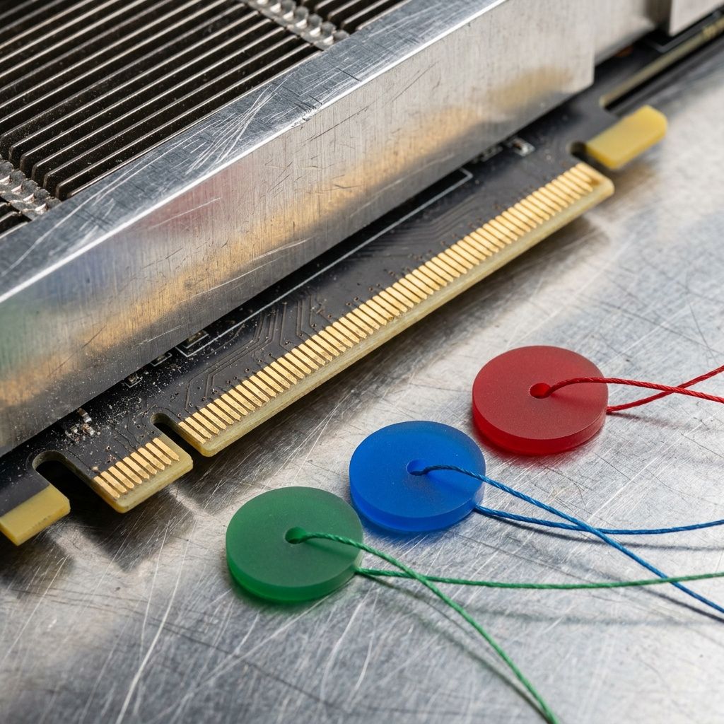 Nærbillede af en GPU‑blade og små matte token‑skiver forbundet med farvede tråde, som visuelt repræsenterer forskellige agent‑flows.