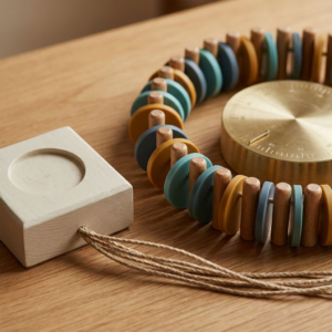 Tactile tabletop metaphor for Gemma 4 MTP: coloured token discs moving from a small 'drafter' block toward a larger brass verifier dial, connected by braided cords