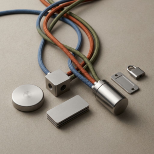 Top-down tabletop metaphor for CopilotKit Threads: farvede tråde, hardware‑tokens og en miniature database‑silo der viser persistent hukommelse og enterprise‑kontroller