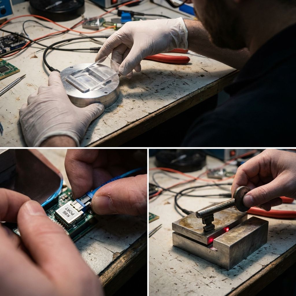 Hands placerer dokumentflise i retrieval‑connector og forbinder runtime‑puck til en lille rack‑panel, metafor for Threads i aktion